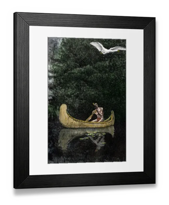 Framed Print : Native American canoeing, watching a snow goose take flight Framed Print : Native American canoeing, watching a snow goose take flight
