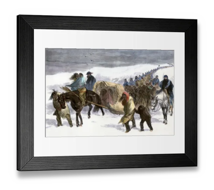 Framed Print : Native American prisoners marched across the snowy prairie by General George Framed Print : Native American prisoners marched across the snowy prairie by General George