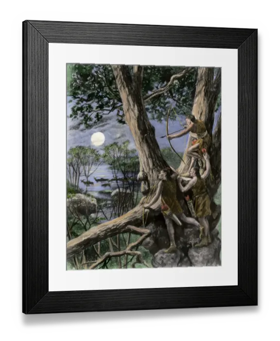 Framed Print : Native Americans bow-hunting deer by moonlight