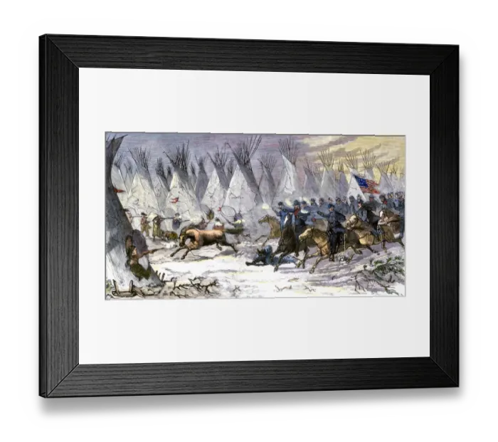 Framed Print : Colonel John Chivington leading US Cavalry massacre of Black Kettles village of