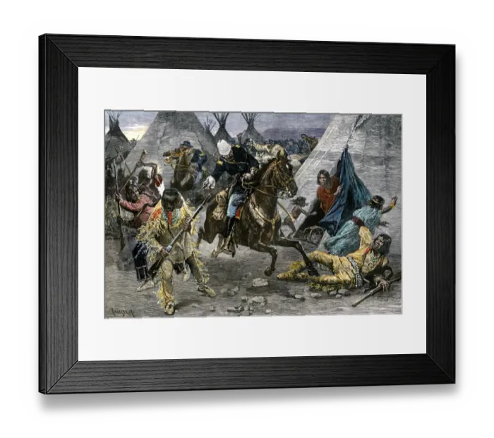 Framed Print : US Cavalry attacking a Sioux Indian village Framed Print : US Cavalry attacking a Sioux Indian village