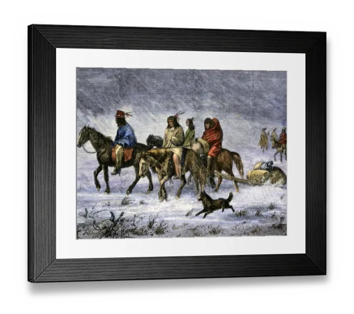 Framed Print : Native Americans going to their reservation in a snowstorm Framed Print : Native Americans going to their reservation in a snowstorm
