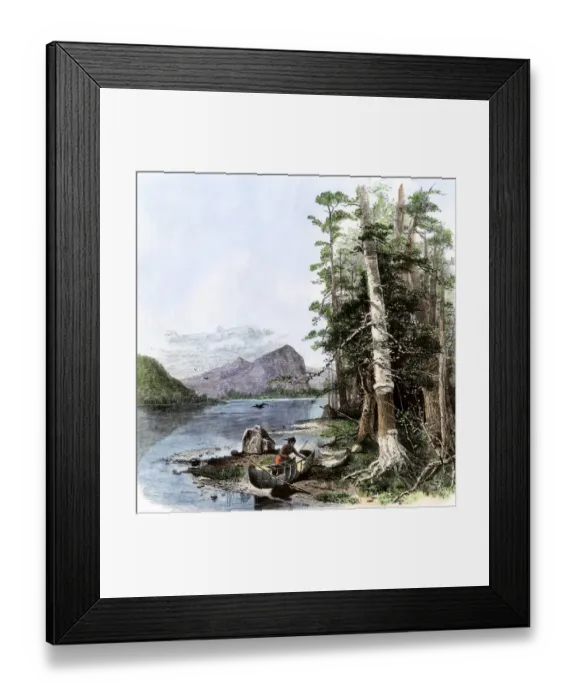 Framed Print : Native American building a birchbark canoe on the shore of a waterway Framed Print : Native American building a birchbark canoe on the shore of a waterway