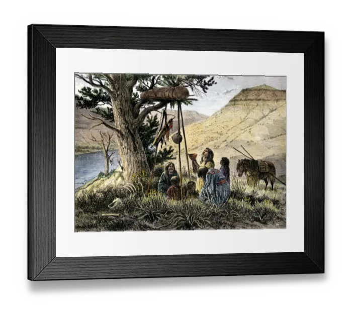 Framed Print : Sioux family offering gifts to the dead in an elevated grave Framed Print : Sioux family offering gifts to the dead in an elevated grave
