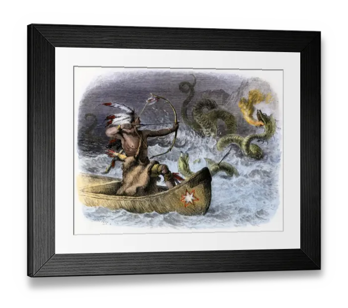 Framed Print : Hiawatha aiming his arrow at a sea-dragon
