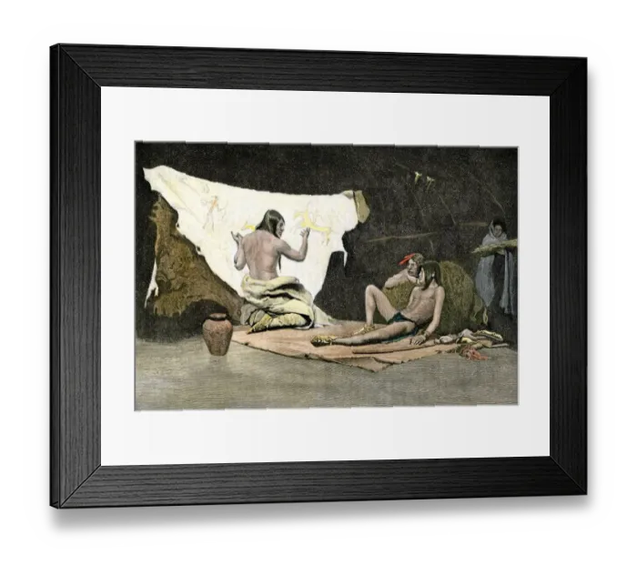 Framed Print : Native American shaman using pictures on a buffalo robe to cure a young mans Framed Print : Native American shaman using pictures on a buffalo robe to cure a young mans