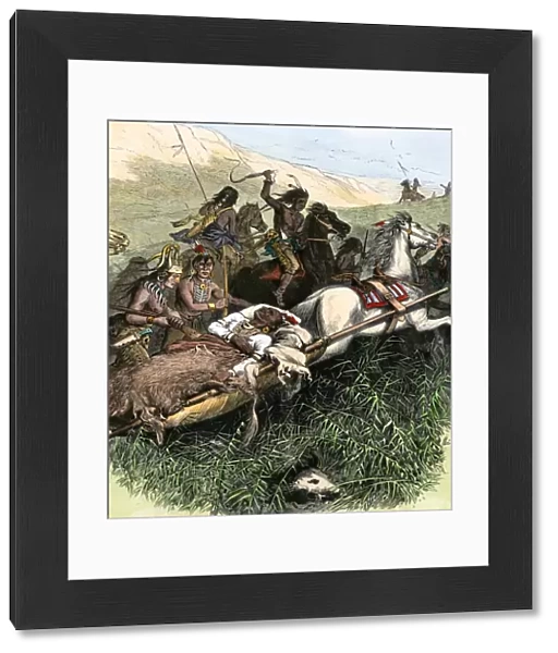 Wounded Comanche chief escaping after a battle