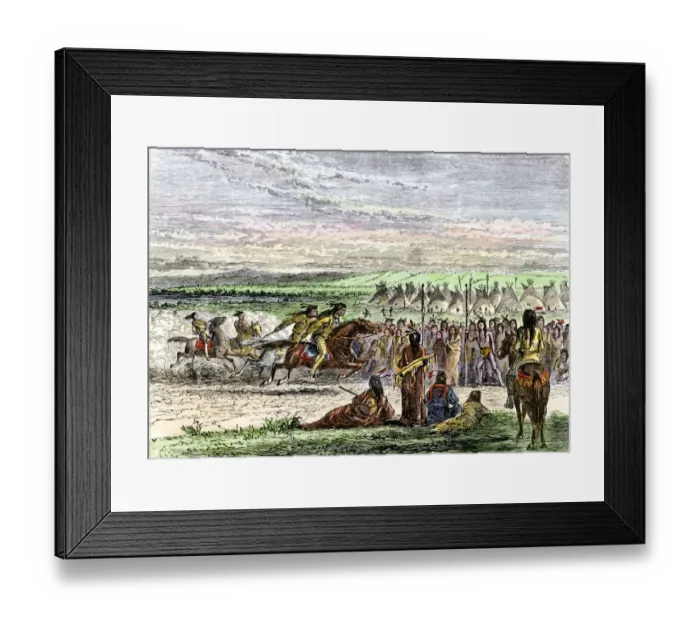 Framed Print : Native Americans horse-racing near their village on the Great Plains Framed Print : Native Americans horse-racing near their village on the Great Plains