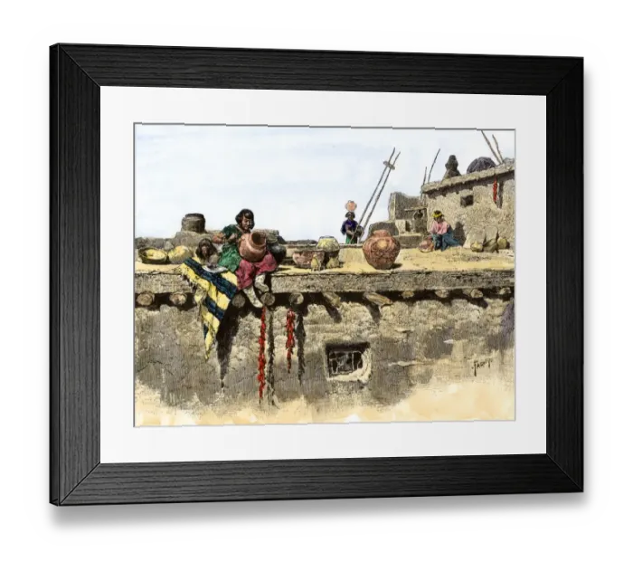 Framed Print : Women decorating pottery on the roof of a Pueblo village Framed Print : Women decorating pottery on the roof of a Pueblo village
