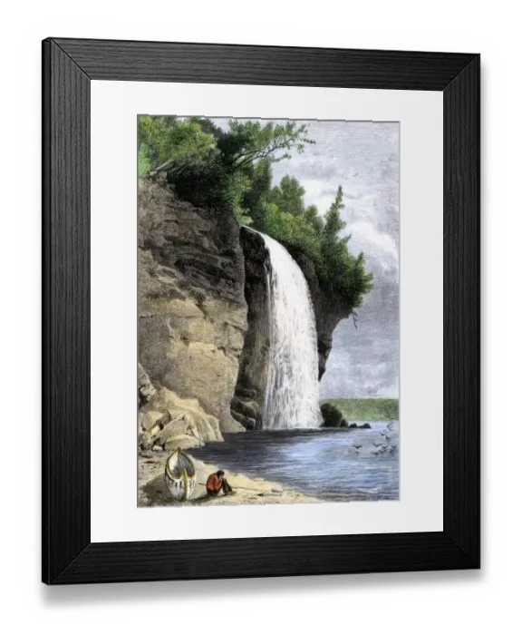 Framed Print : Native American and his canoe beside Silver Cascade on the shore of Lake Framed Print : Native American and his canoe beside Silver Cascade on the shore of Lake