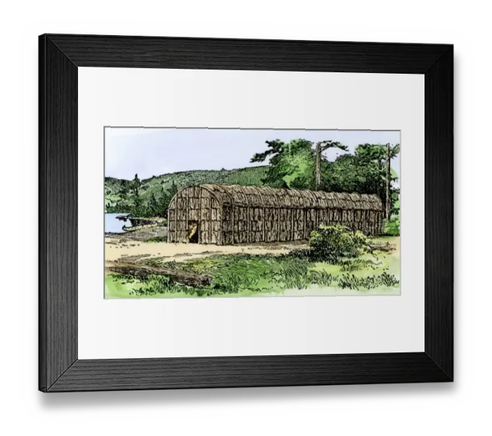 Framed Print : Iroquois longhouse. Hand-colored woodcut of a 19th-century illustration Framed Print : Iroquois longhouse. Hand-colored woodcut of a 19th-century illustration