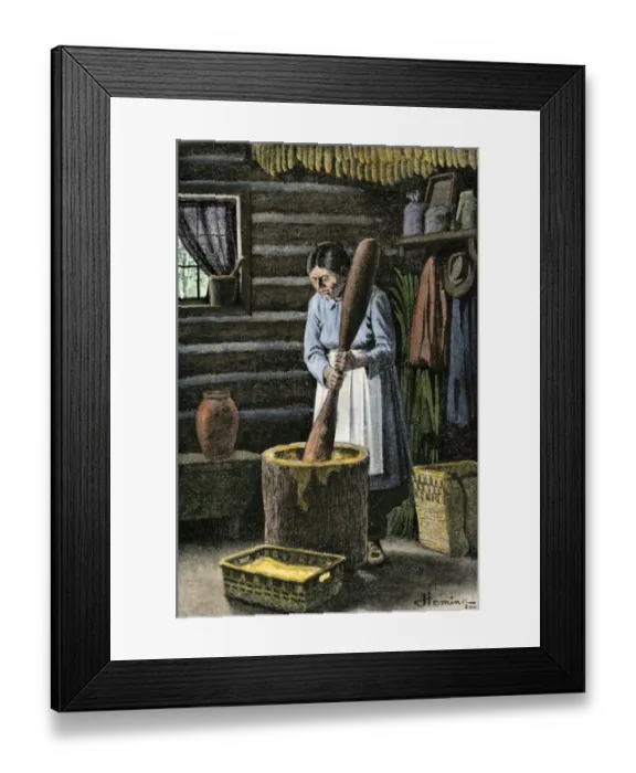 Framed Print : Iroquois woman pounding dried corn in a large wooden mortar in her cabin Framed Print : Iroquois woman pounding dried corn in a large wooden mortar in her cabin