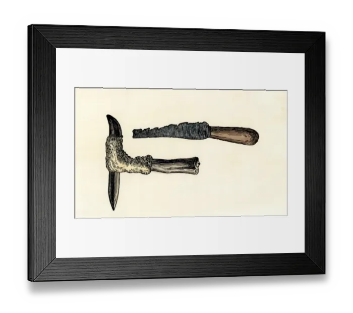 Framed Print : Mohawk weapons: a deer-shank tomahawk and a scalping knife Framed Print : Mohawk weapons: a deer-shank tomahawk and a scalping knife
