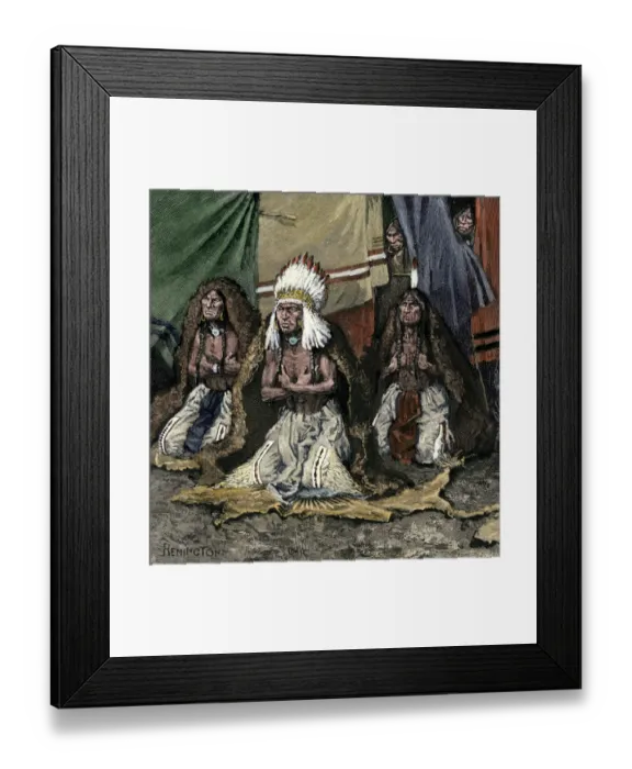 Framed Print : Sioux leaders ceremonially facing the setting sun Framed Print : Sioux leaders ceremonially facing the setting sun
