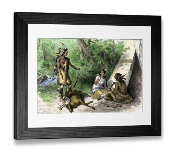 Framed Print : Native American hunter bringing deer to his forest dwelling Framed Print : Native American hunter bringing deer to his forest dwelling