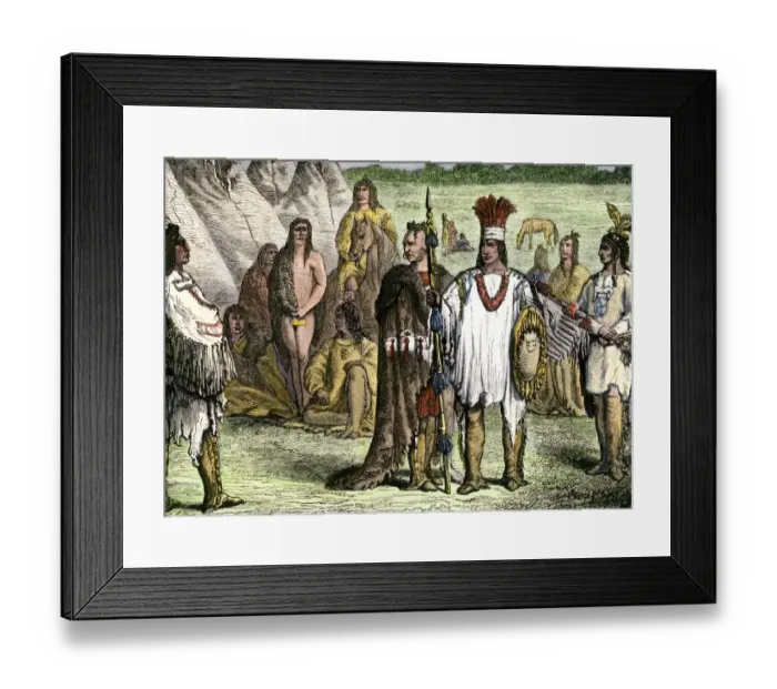 Framed Print : Creek Indian village. Hand-colored woodcut Framed Print : Creek Indian village. Hand-colored woodcut