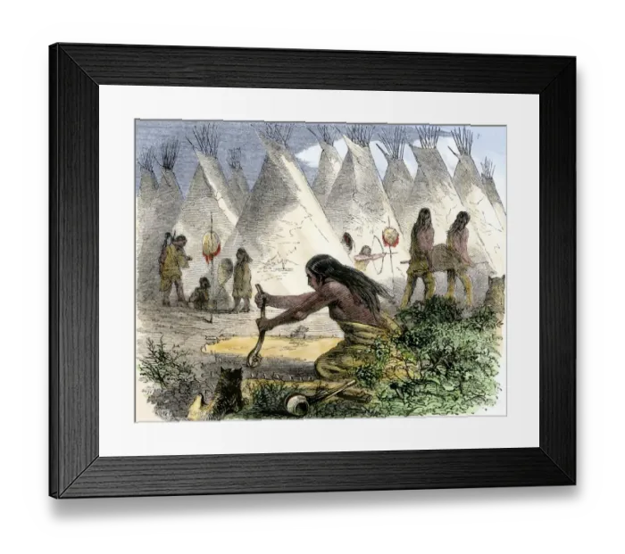 Framed Print : Native American women curing buffalo hides in a tepee village Framed Print : Native American women curing buffalo hides in a tepee village