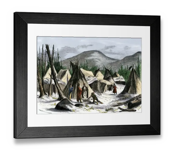 Framed Print : Native American village in winter hills Framed Print : Native American village in winter hills