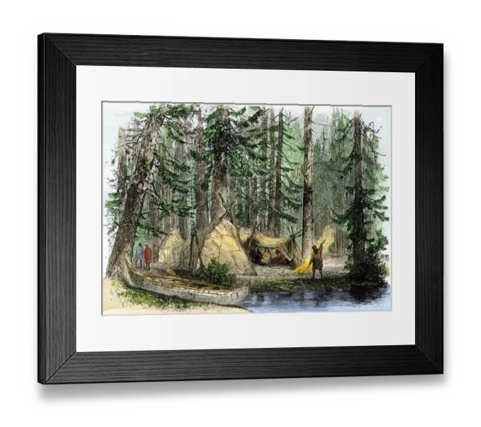 Framed Print : Native American lodges and their birch-bark canoe in Canadian forest Framed Print : Native American lodges and their birch-bark canoe in Canadian forest