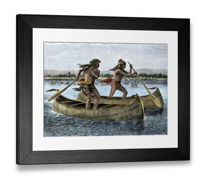 Framed Print : Native Americans racing in canoes Framed Print : Native Americans racing in canoes