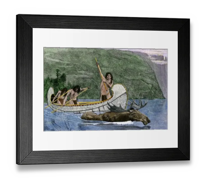 Framed Print : Native Americans in a canoe hunting a moose Framed Print : Native Americans in a canoe hunting a moose