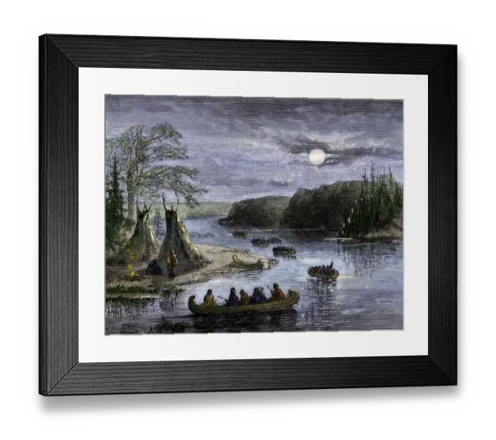 Framed Print : Canoes on the Ohio River traveling by moonlight Hand-colored woodcut of a Framed Print : Canoes on the Ohio River traveling by moonlight Hand-colored woodcut of a