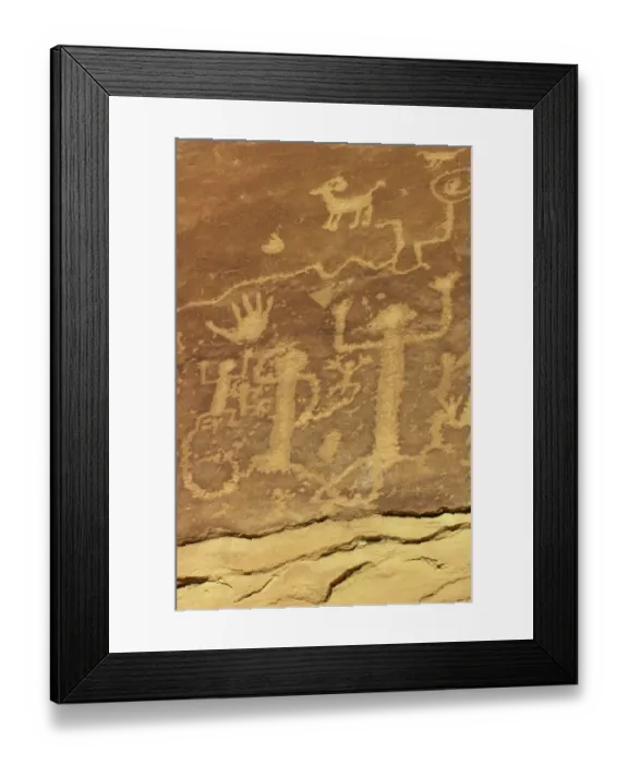 Framed Print : Anasazi / Ancestral Puebloan petroglyphs of whipping kachinas Framed Print : Anasazi / Ancestral Puebloan petroglyphs of whipping kachinas