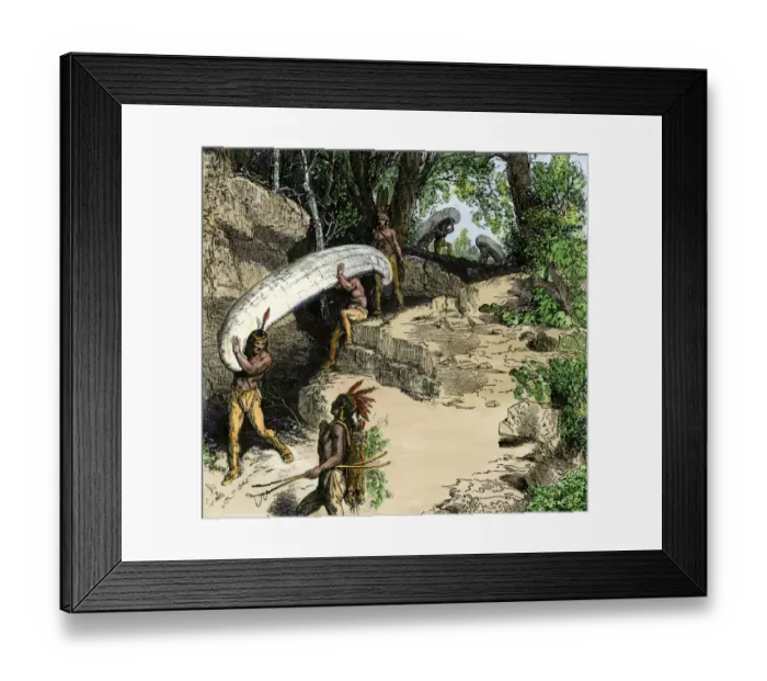 Framed Print : Portaging canoes between waterways