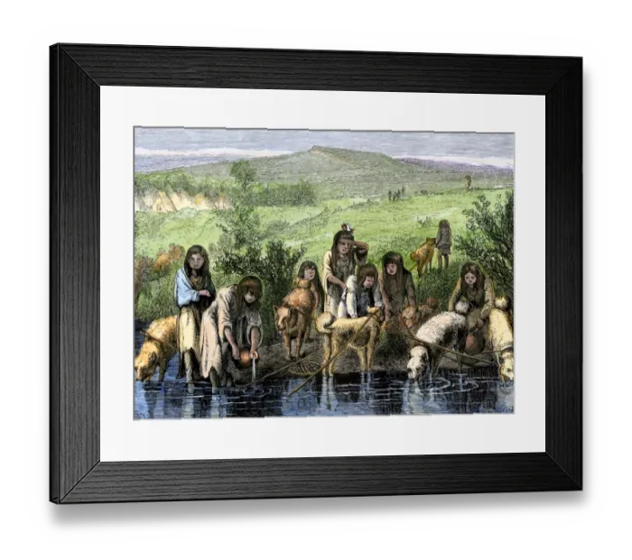 Framed Print : Dogs pulling travois to carry water for Native American women Framed Print : Dogs pulling travois to carry water for Native American women
