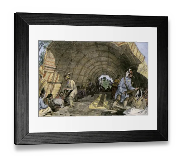 Framed Print : Medicine dance of Native Americans inside a longhouse Framed Print : Medicine dance of Native Americans inside a longhouse
