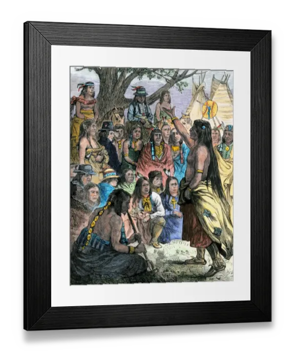 Framed Print : Comanche and Arapaho leaders holding a council of war about white encroachment Framed Print : Comanche and Arapaho leaders holding a council of war about white encroachment