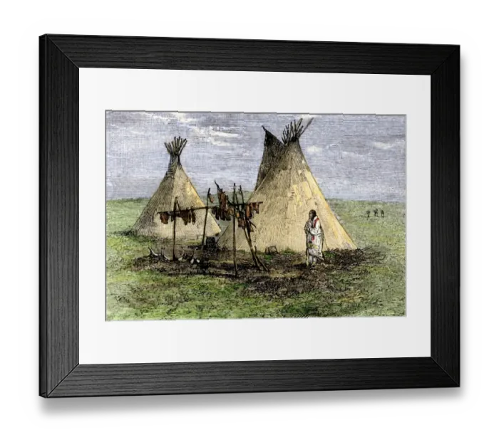 Framed Print : Meat strips drying to make jerky outside a tepee on the plains Framed Print : Meat strips drying to make jerky outside a tepee on the plains