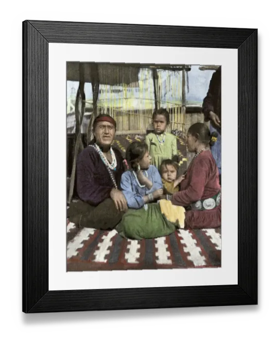 Framed Print : Navajo family seated in front of their blanket loom Framed Print : Navajo family seated in front of their blanket loom