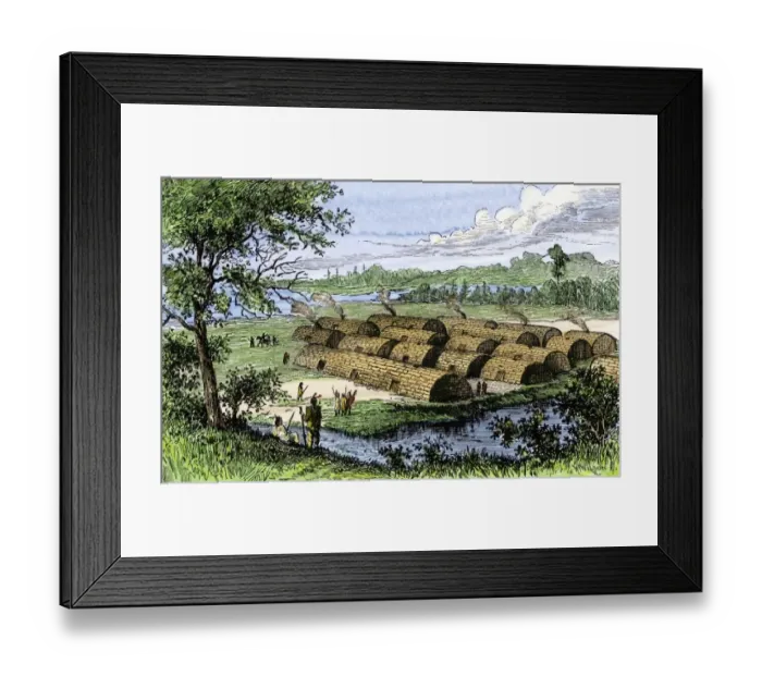 Framed Print : Native American longhouses on Manhattan Island before the arrival of Dutch Framed Print : Native American longhouses on Manhattan Island before the arrival of Dutch