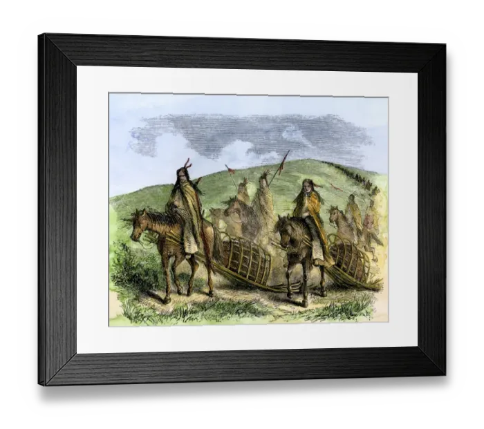 Framed Print : Native American village on the move using horse-pulled travois Framed Print : Native American village on the move using horse-pulled travois