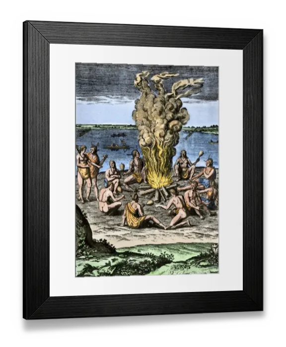 Framed Print : Native Americans around a fire on the Virginia / North Carolina coast Framed Print : Native Americans around a fire on the Virginia / North Carolina coast