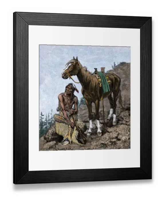 Framed Print : Native American with his horse on a trail in the Rocky Mountains Framed Print : Native American with his horse on a trail in the Rocky Mountains