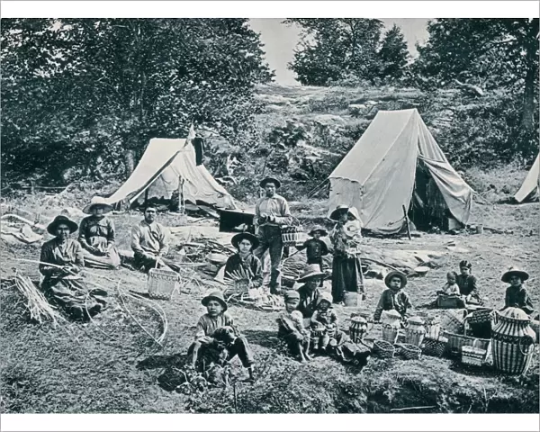 Canadian aboriginals making baskets for sale, 1890s