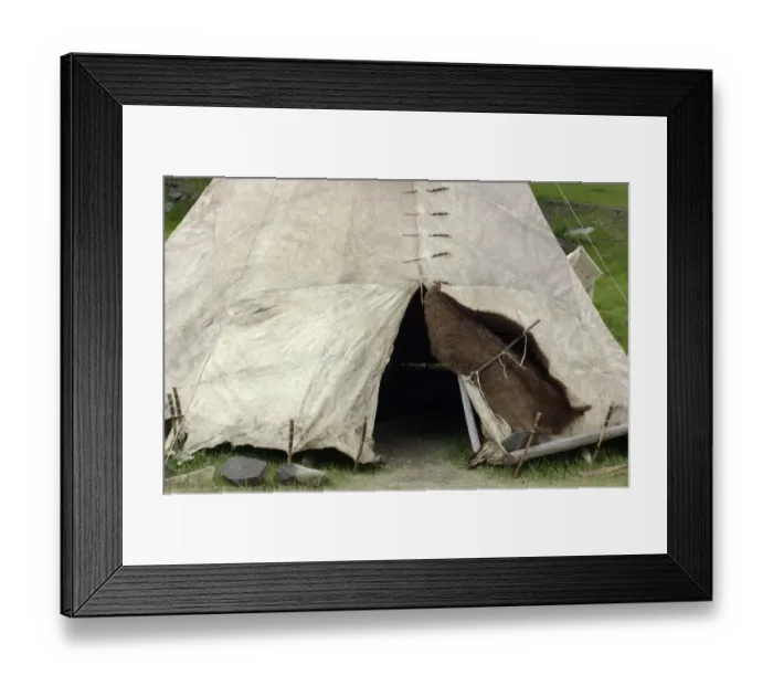 Framed Print : Sioux tepee made of buffalo hide and sewn with sinew in the traditional way