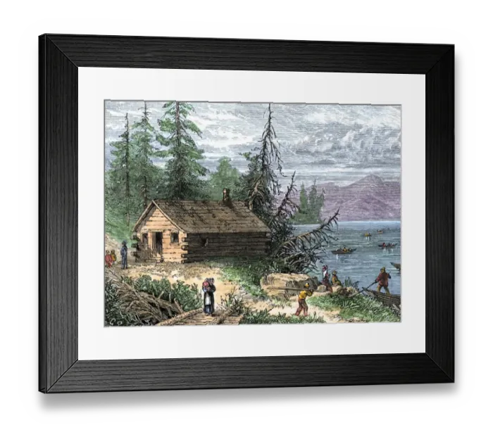 Framed Print : Wilderness log cabin of pioneers who travel by river Framed Print : Wilderness log cabin of pioneers who travel by river