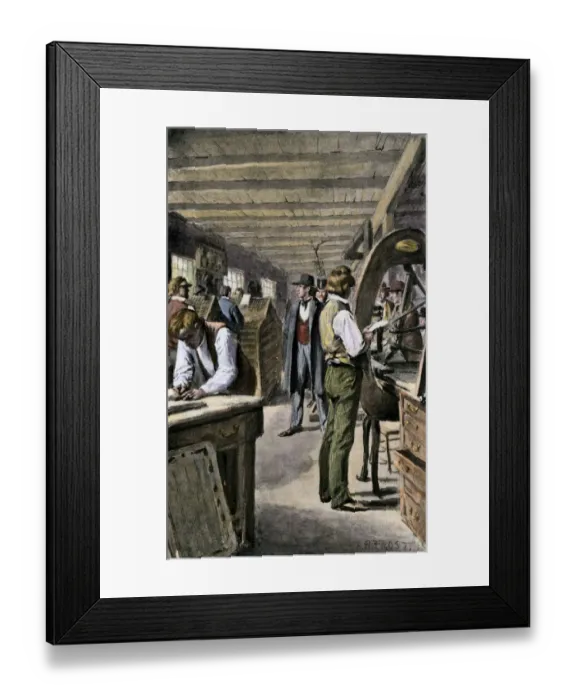 Framed Print : Typesetters and printers at work in a print shop Framed Print : Typesetters and printers at work in a print shop