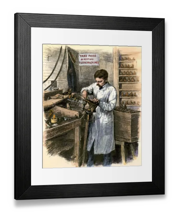 Framed Print : Working in a shoe factory, late 1800s Framed Print : Working in a shoe factory, late 1800s