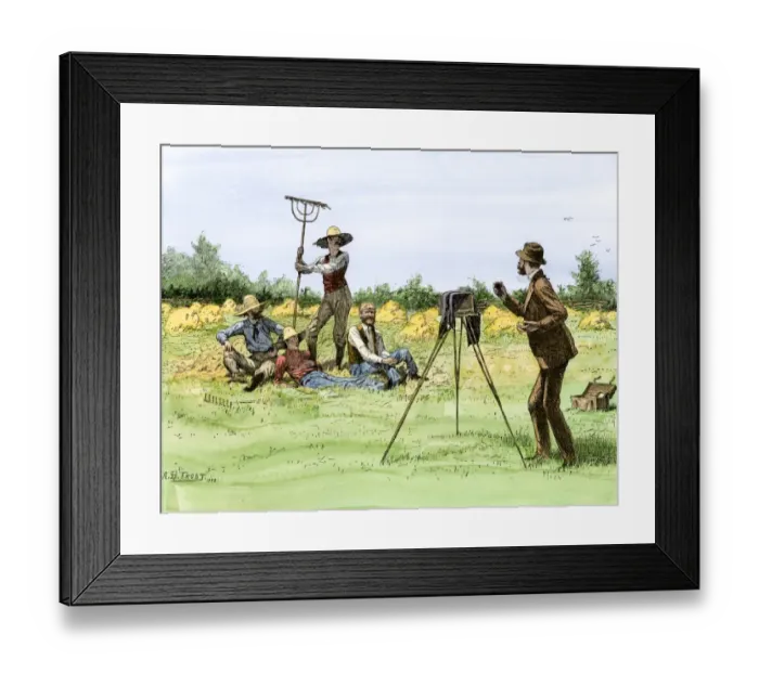 Framed Print : Traveling photographer taking a picture of farmers in their field Framed Print : Traveling photographer taking a picture of farmers in their field