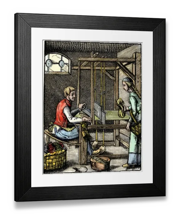 Framed Print : Weaver at his loom in Europe, 1600s