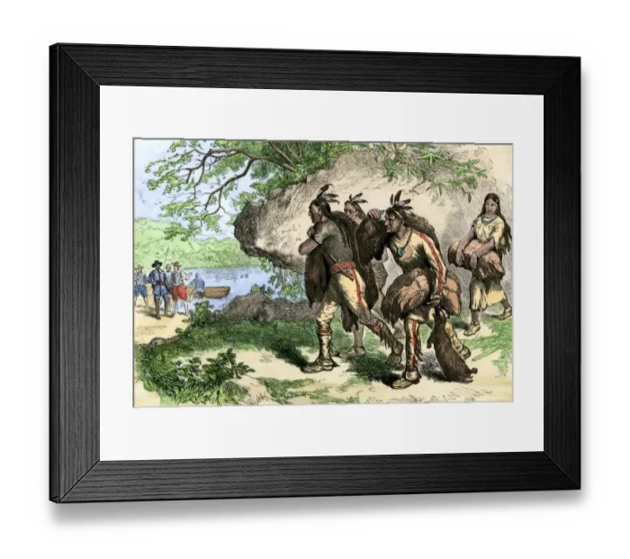 Framed Print : Native Americans bringing beaver pelts to white traders Framed Print : Native Americans bringing beaver pelts to white traders
