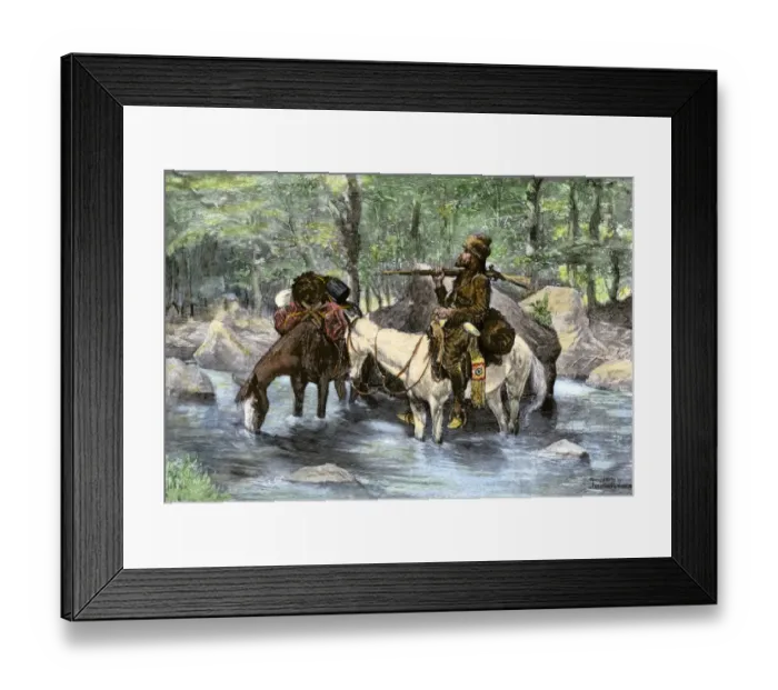 Framed Print : A white trapper crossing a mountain stream Framed Print : A white trapper crossing a mountain stream