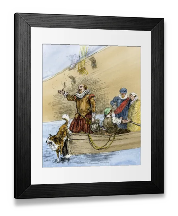 Framed Print : Jamestown colonists coming ashore, 1600s