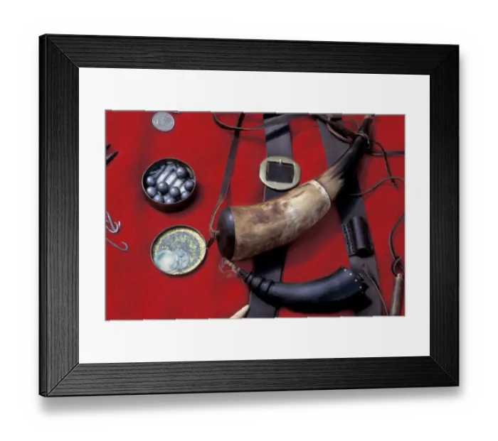 Framed Print : Powder horns and musket balls used in the fur trade Framed Print : Powder horns and musket balls used in the fur trade