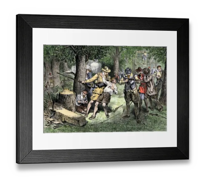 Framed Print : Virginia colonists under attack by Native Americans Framed Print : Virginia colonists under attack by Native Americans