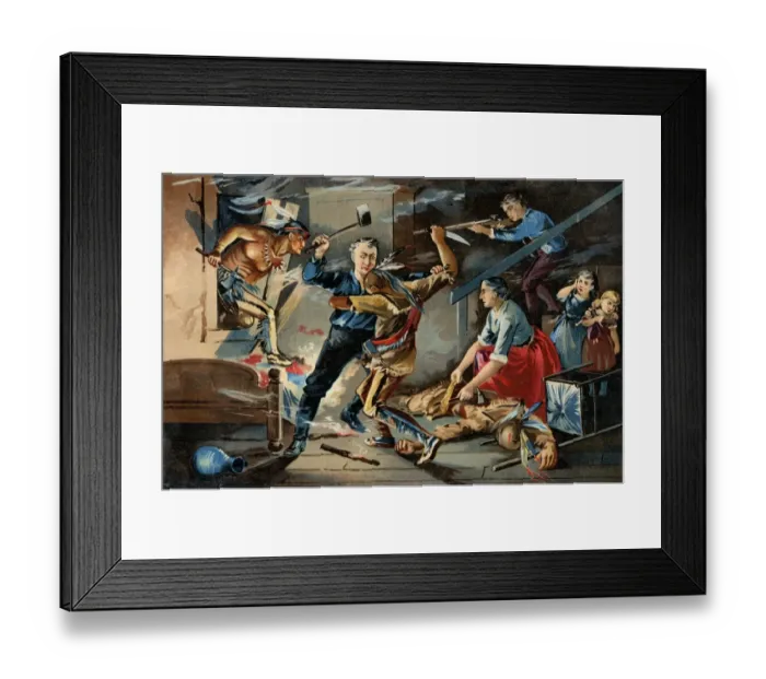 Framed Print : Native Americans attacking a colonial family on the frontier